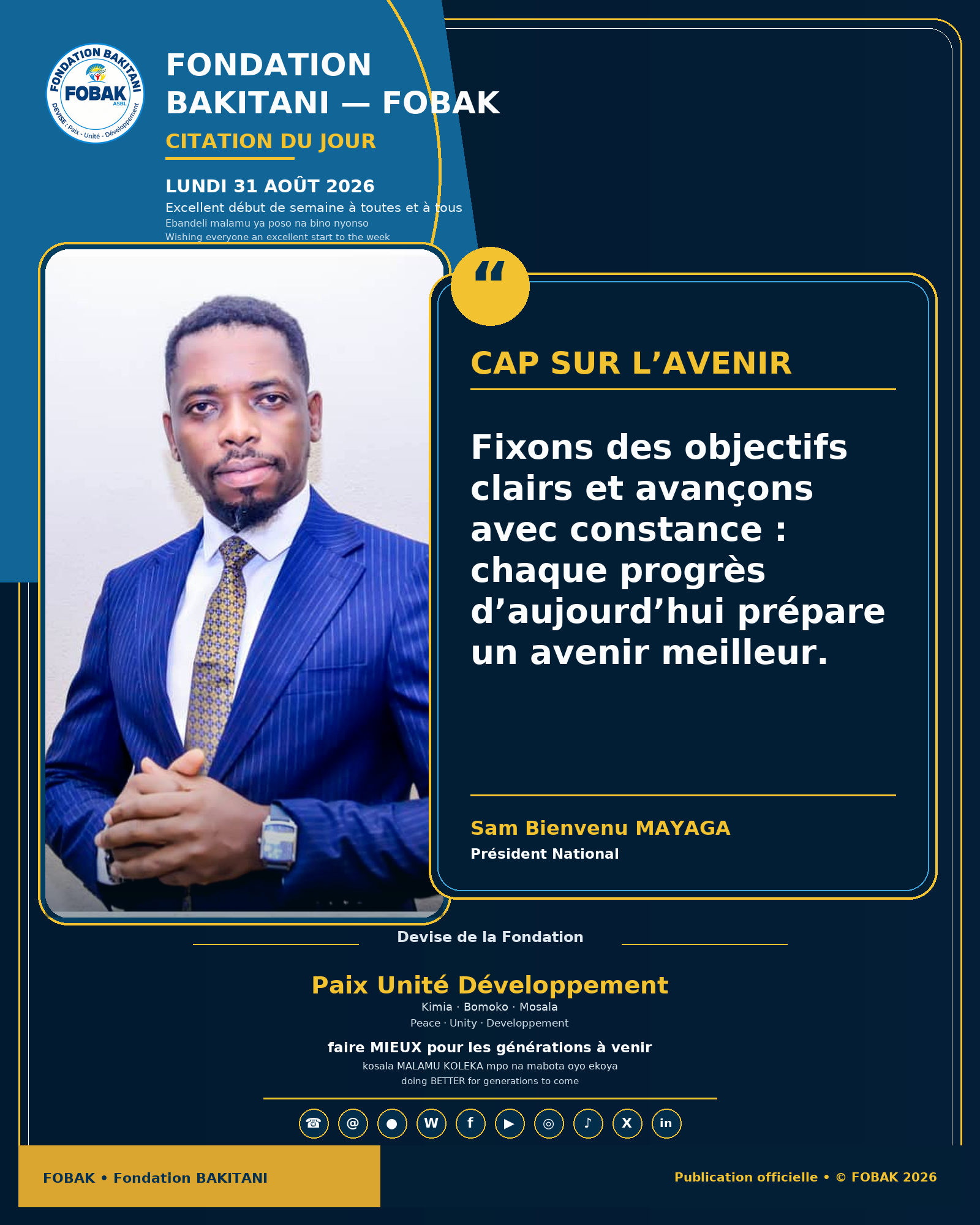 Citation premium du lundi 31 août 2026 de Fondation BAKITANI — FOBAK