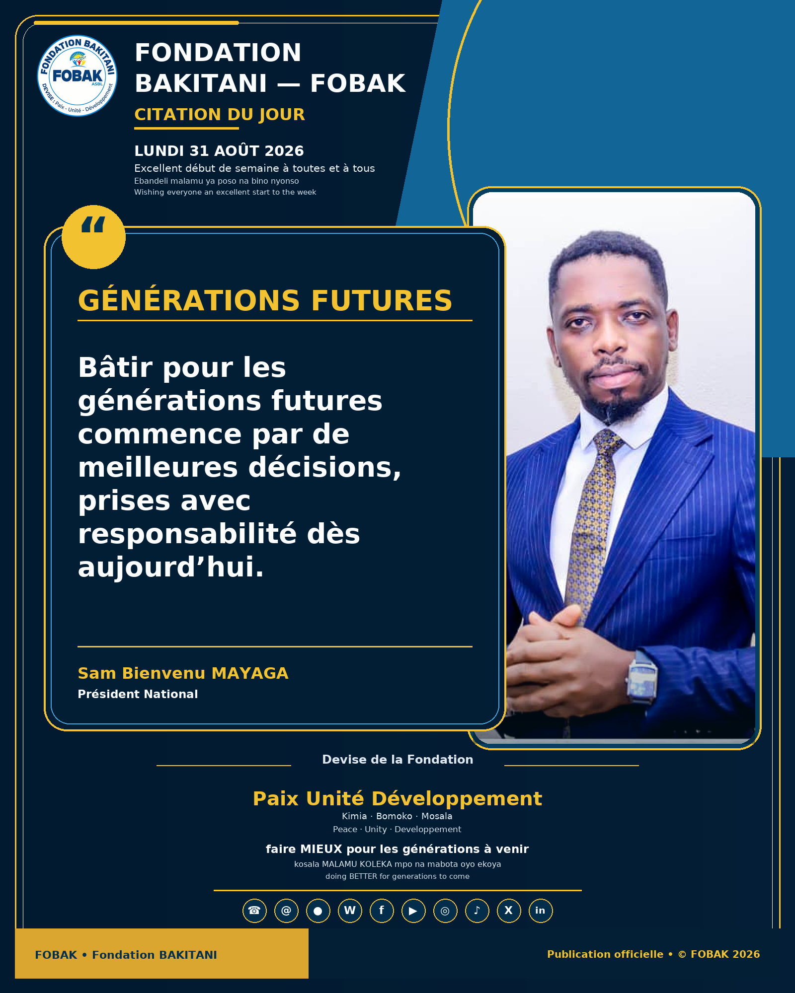 Citation premium du lundi 31 août 2026 de Fondation BAKITANI — FOBAK