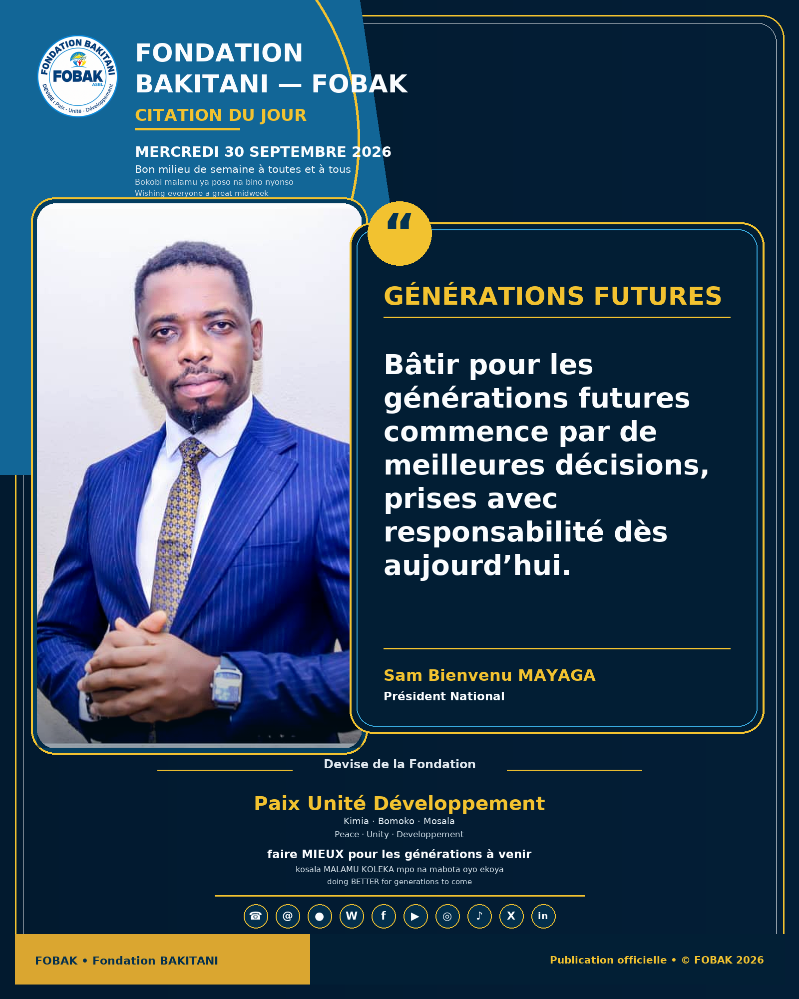 Citation premium du mercredi 30 septembre 2026 de Fondation BAKITANI — FOBAK