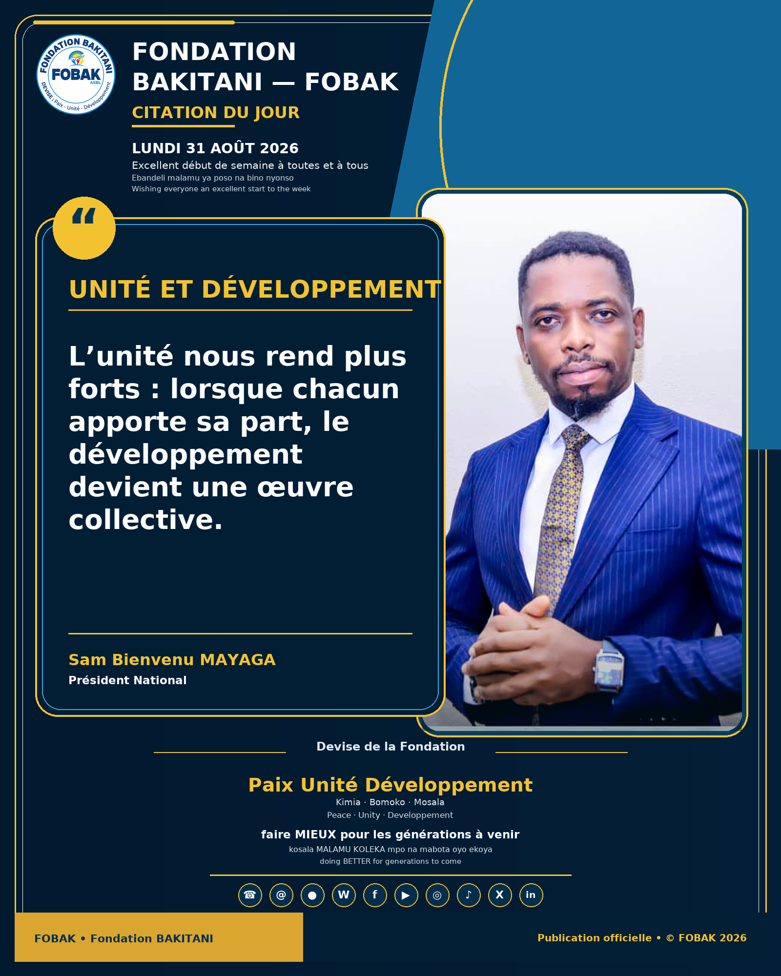 Citation premium du lundi 31 août 2026 de Fondation BAKITANI — FOBAK