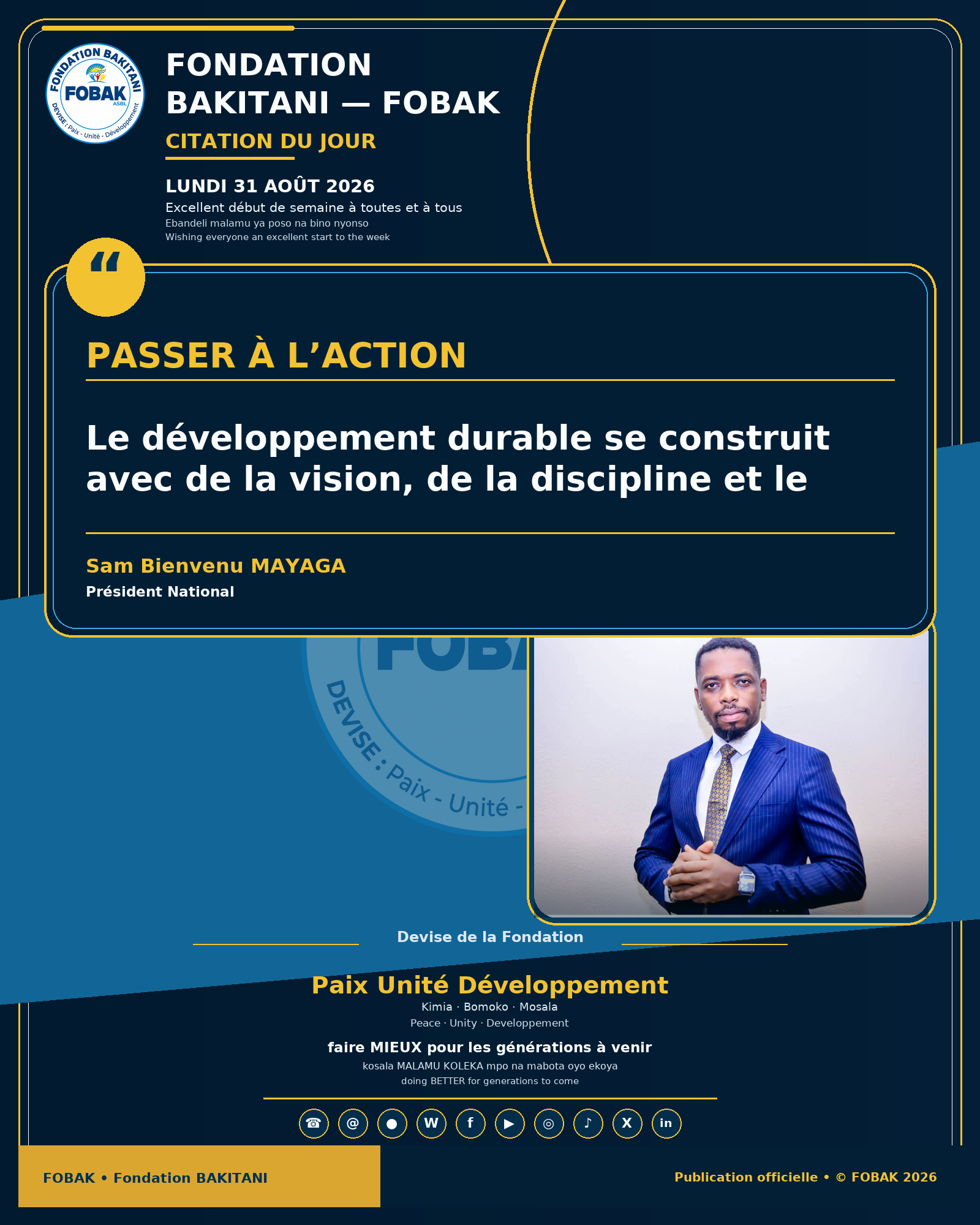 Citation premium du lundi 31 août 2026 de Fondation BAKITANI — FOBAK