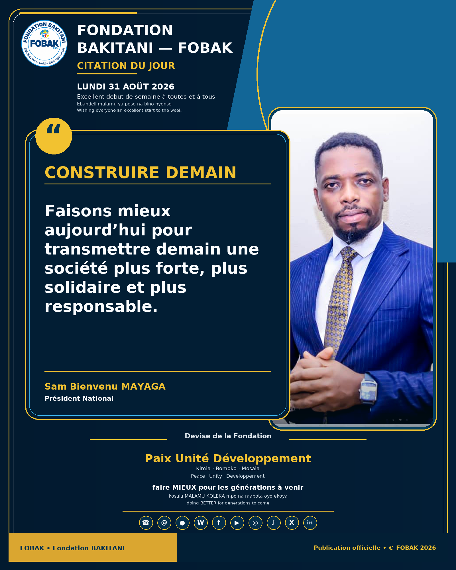 Citation premium du lundi 31 août 2026 de Fondation BAKITANI — FOBAK